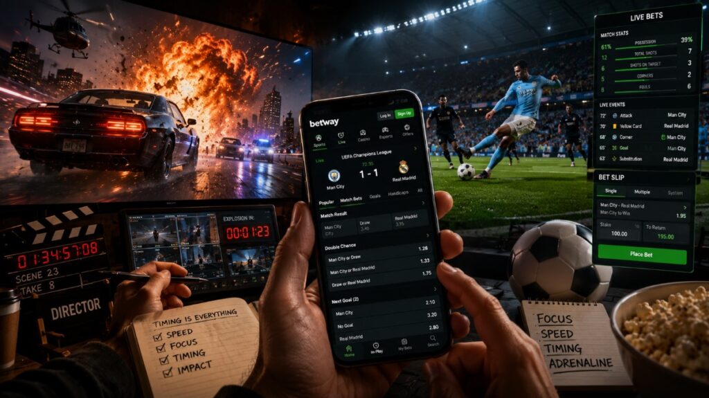 A split scene featuring a live football match, a smartphone displaying live betting odds, and an explosive action movie car chase, illustrating the shared excitement of sports betting and blockbuster entertainment.