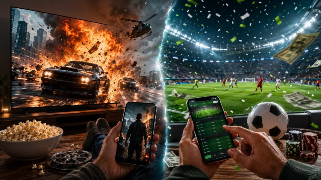 Split screen scene showing a person watching an explosive action movie on a large TV while simultaneously using a live sports betting app on a smartphone, highlighting the connection between cinematic thrills and betting excitement.
