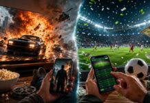 Split screen scene showing a person watching an explosive action movie on a large TV while simultaneously using a live sports betting app on a smartphone, highlighting the connection between cinematic thrills and betting excitement.