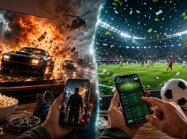 Split screen scene showing a person watching an explosive action movie on a large TV while simultaneously using a live sports betting app on a smartphone, highlighting the connection between cinematic thrills and betting excitement.