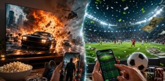 Split screen scene showing a person watching an explosive action movie on a large TV while simultaneously using a live sports betting app on a smartphone, highlighting the connection between cinematic thrills and betting excitement.