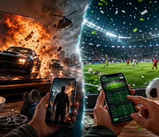 Split screen scene showing a person watching an explosive action movie on a large TV while simultaneously using a live sports betting app on a smartphone, highlighting the connection between cinematic thrills and betting excitement.