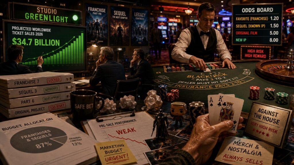 A cinematic scene comparing Hollywood sequel production to casino gambling, featuring studio executives reviewing franchise projects alongside a blackjack table filled with chips, cards, and risk analysis documents.