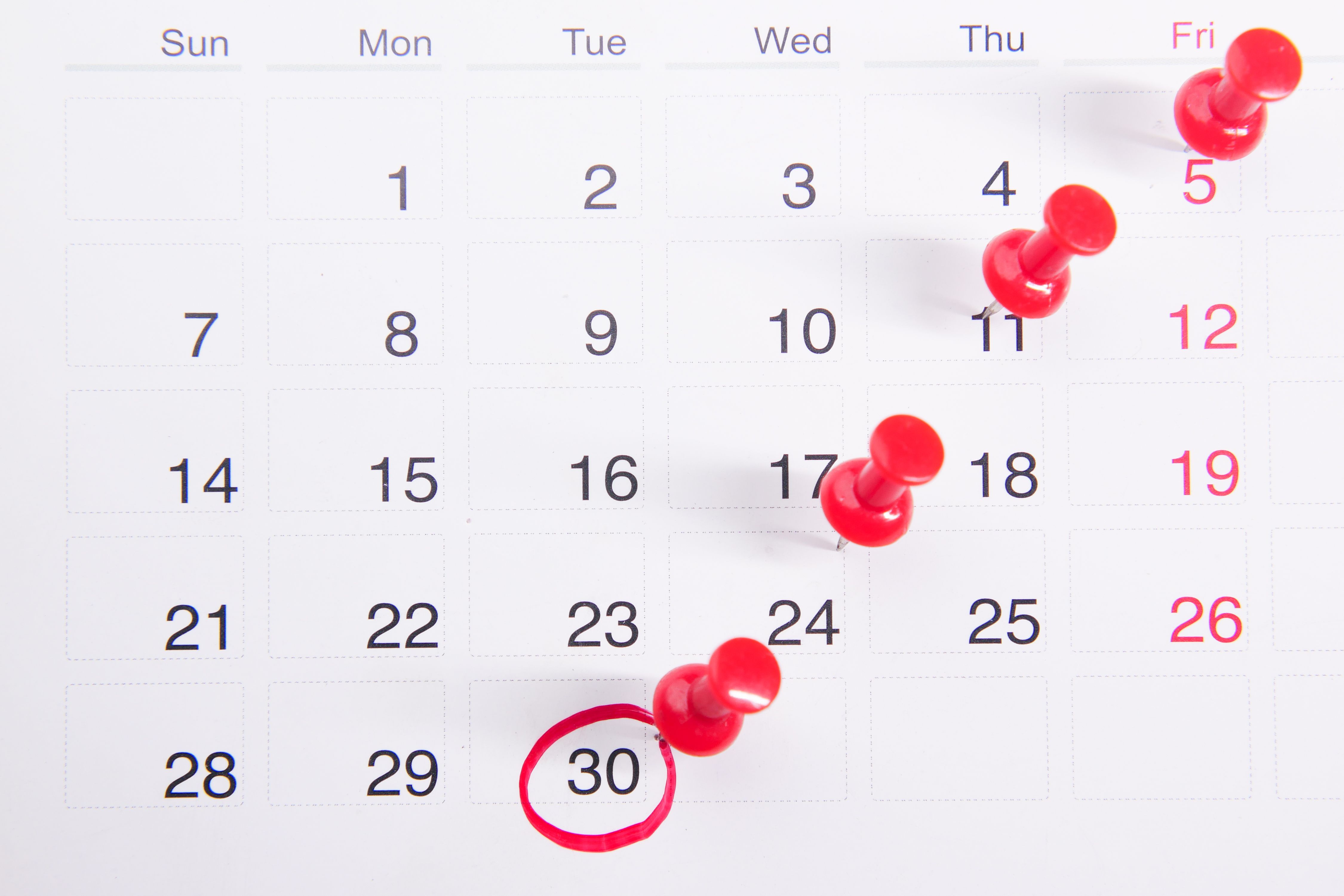 Calendar with red pins marking deadlines illustrating the multi-year timeline of complex cases