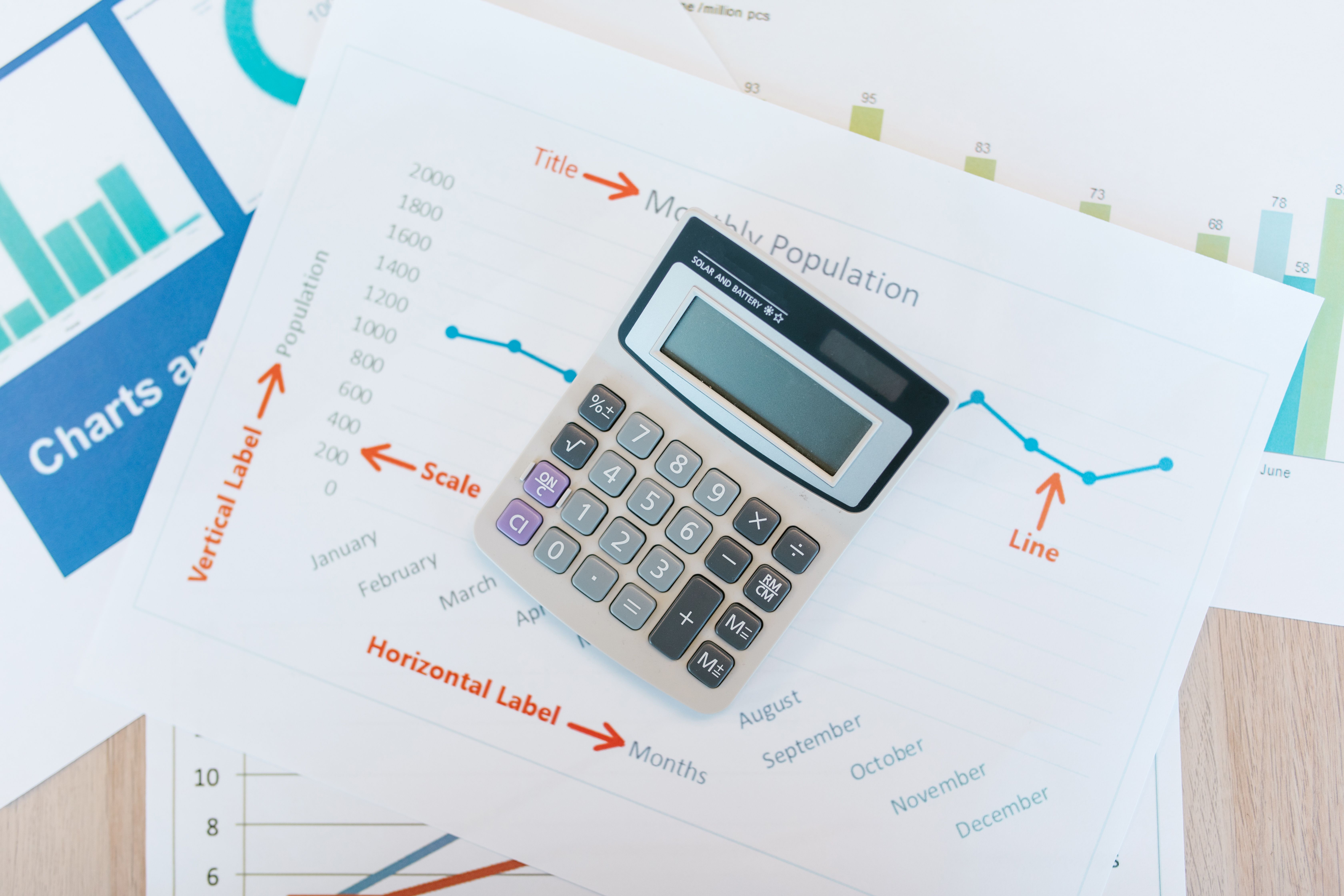 Calculator on financial graphs and reports used to plan cash flow for long litigation